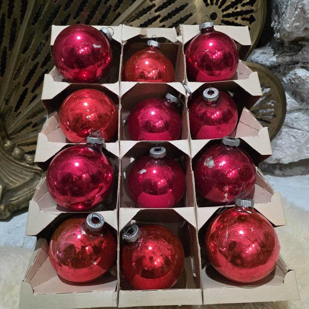 Shiny Brite 2 3/4" Round Christmas Red Ornaments Caps Lot Of 12